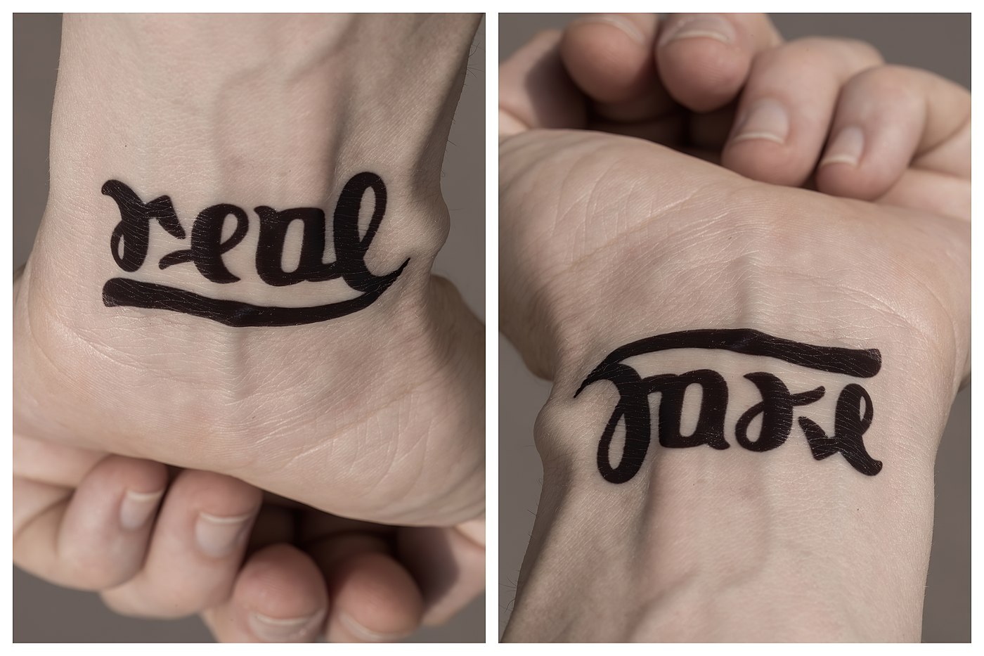ambigram Real / Fake tattoo hand