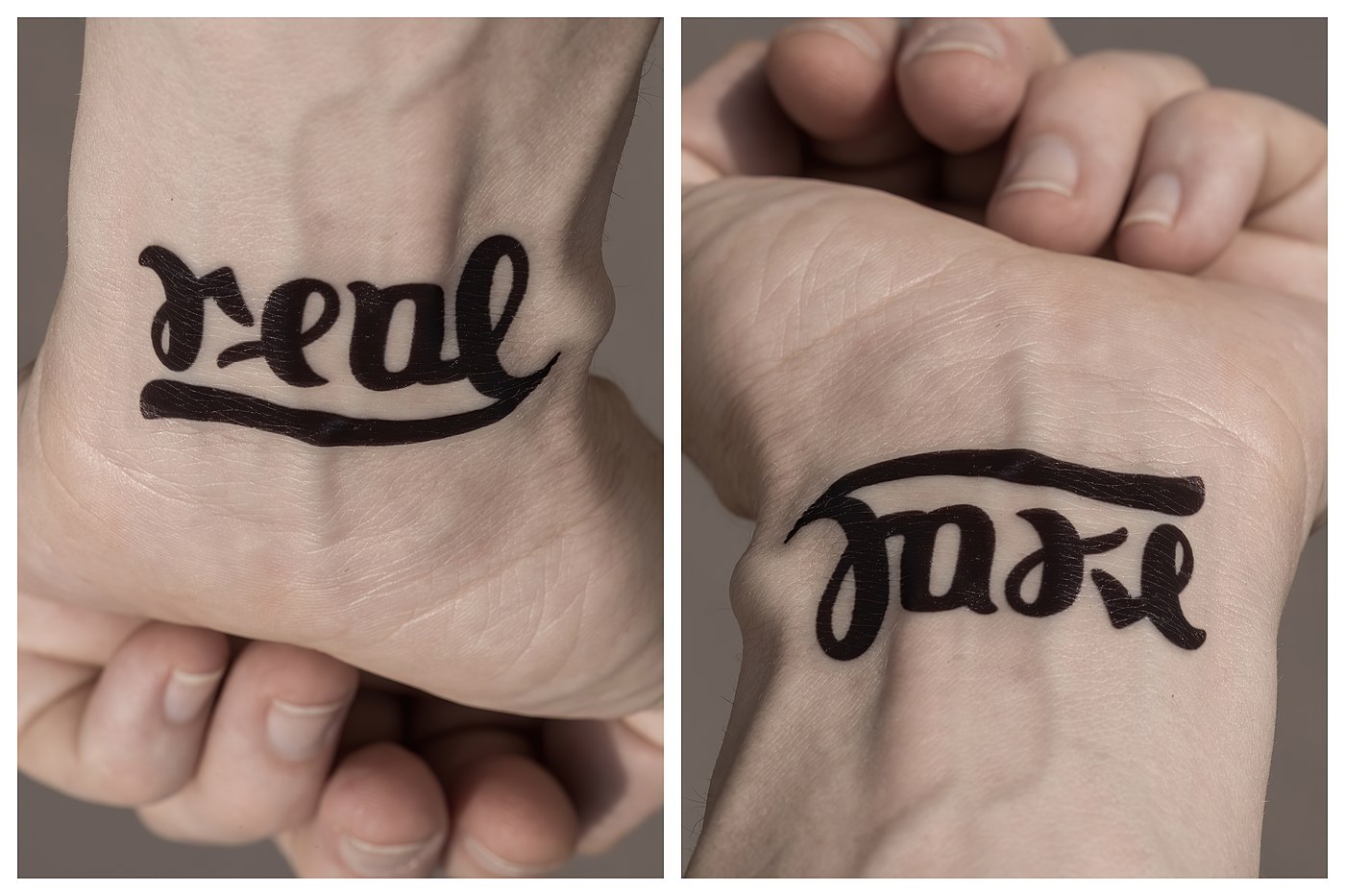 ambigram Real / Fake tattoo hand
