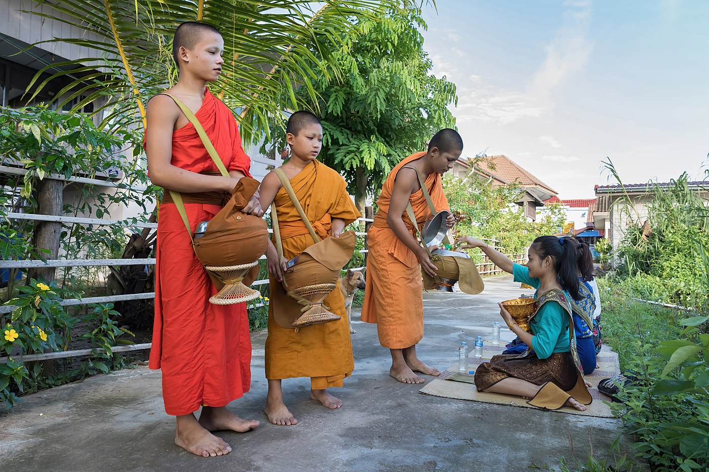 Aumône bouddhiste à Don Det enfants moines
