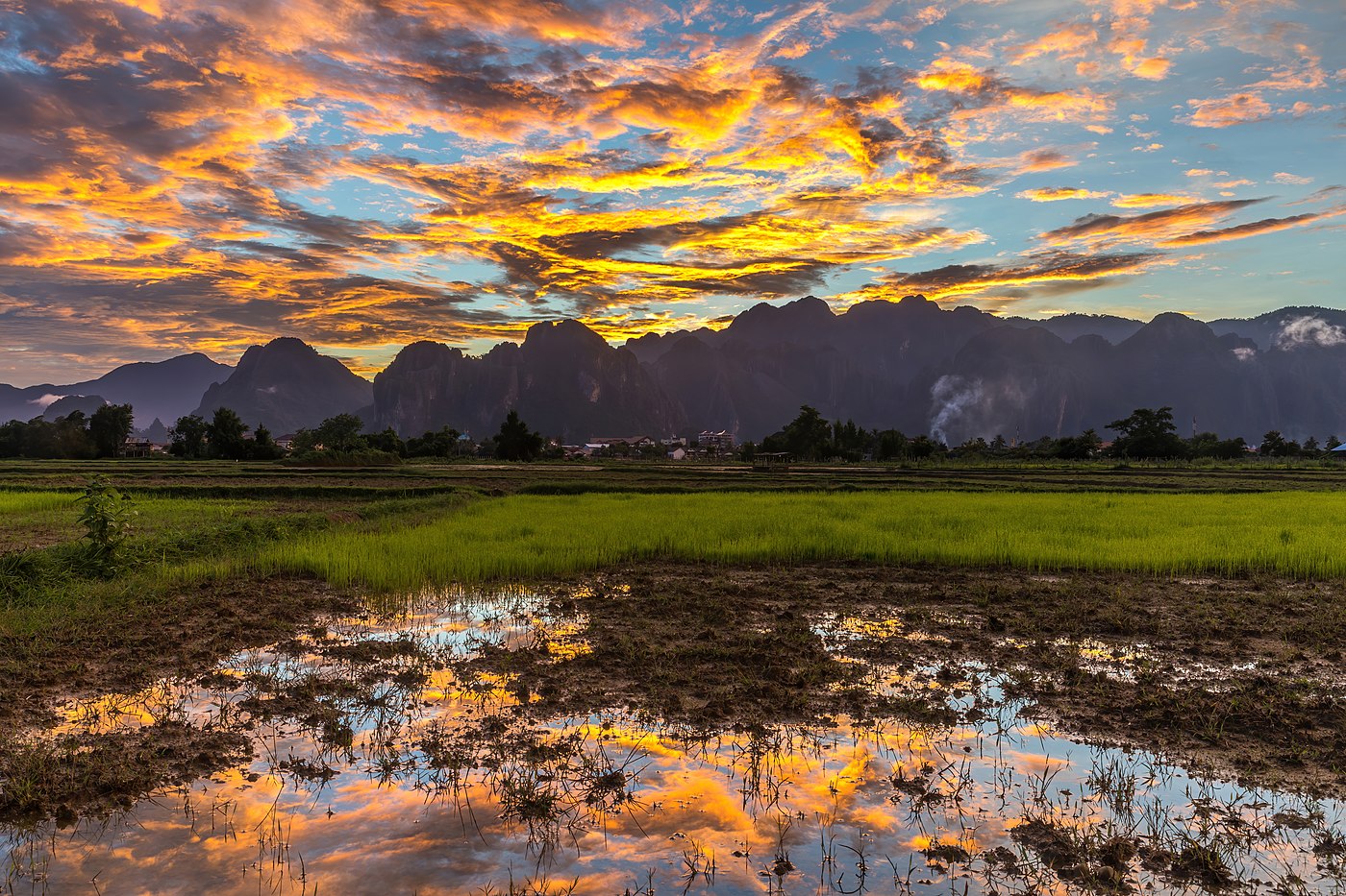 Colorful sky with luminous orange and gray clouds reflecting in the water of a paddy field, at sunset