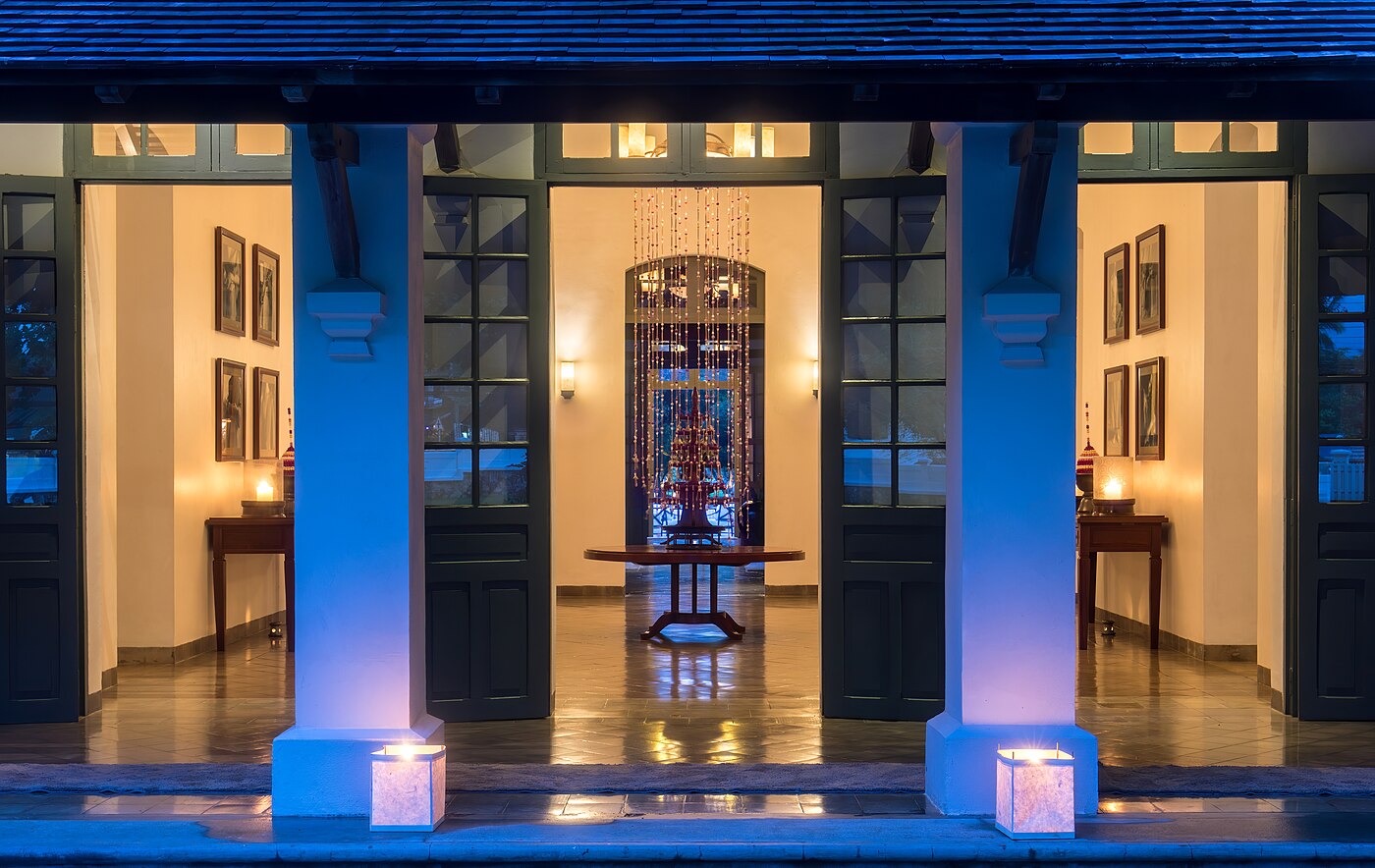 Entrance lobby of Amantaka luxury Resort & Hotel at blue hour in Luang Prabang Laos