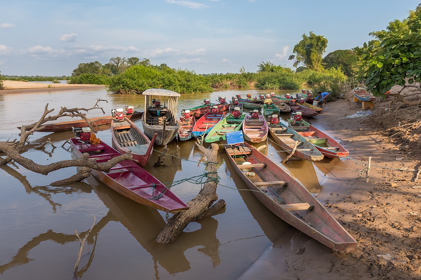 Group of pirogues at sunset on the river bank of the Mekong