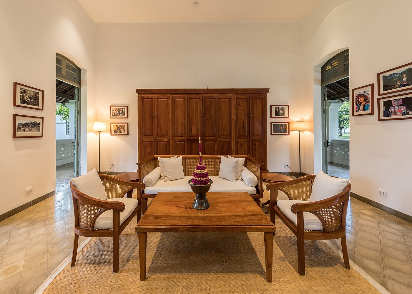 Lounge at Amantaka luxury Resort & Hotel at blue hour in Luang Prabang Laos