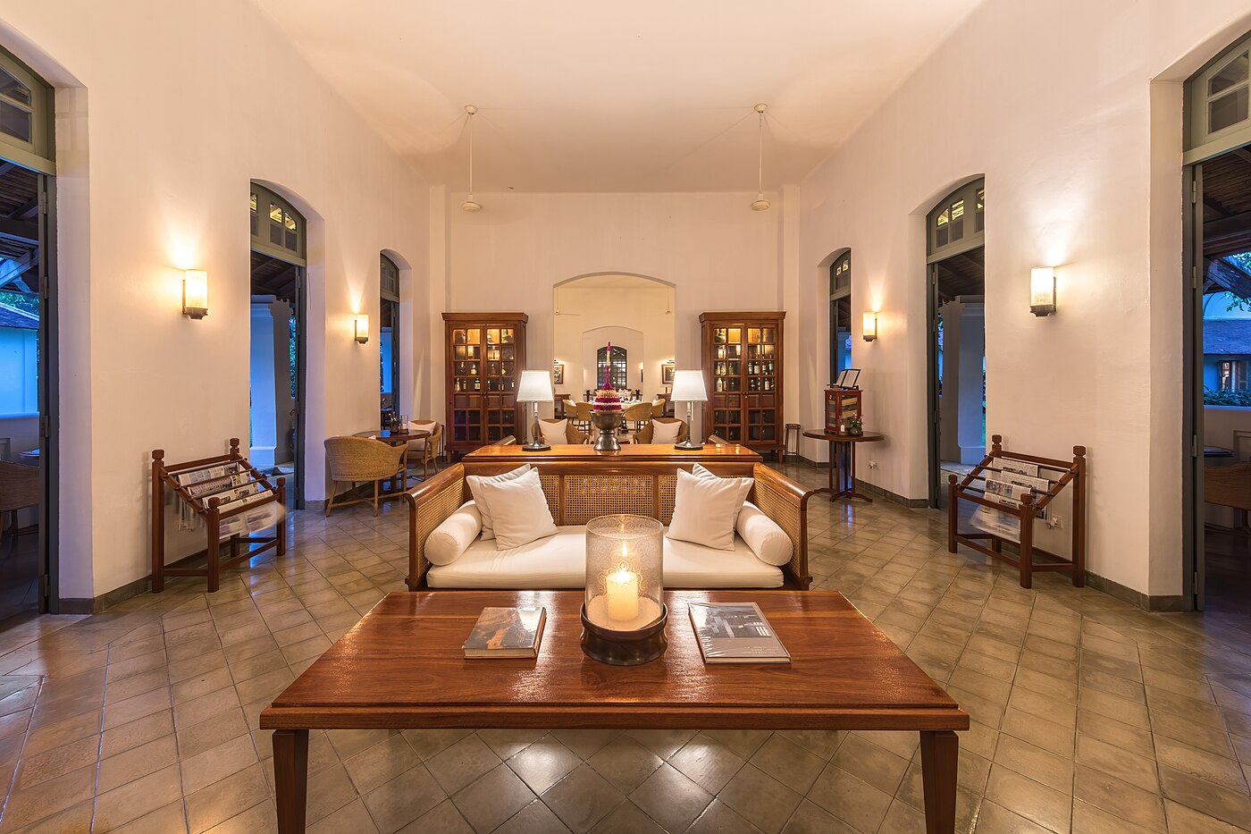 Reception lounge at Amantaka luxury Resort & Hotel at blue hour in Luang Prabang Laos