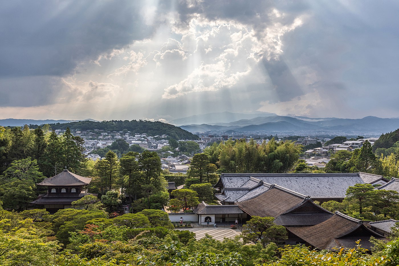 Sunlight through clouds and lookout view of Ginkaku-ji