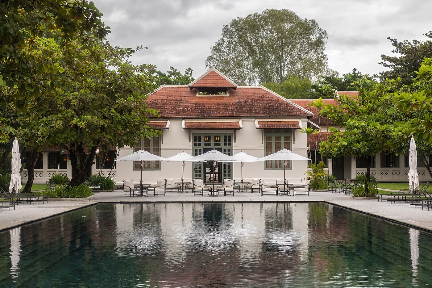 Swimming pool and terrasse of Amantaka luxury Resort & Hotel in Luang Prabang Laos